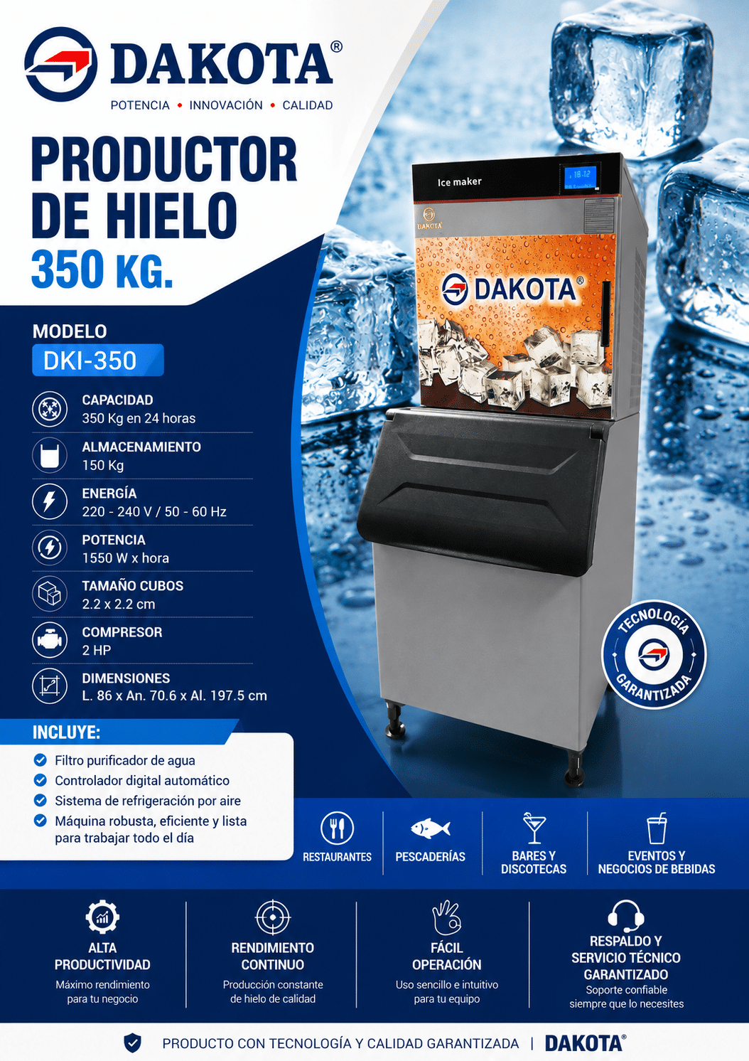 Máquina Productora de Hielo Dakota DKI-350 ficha o flyer tecnico