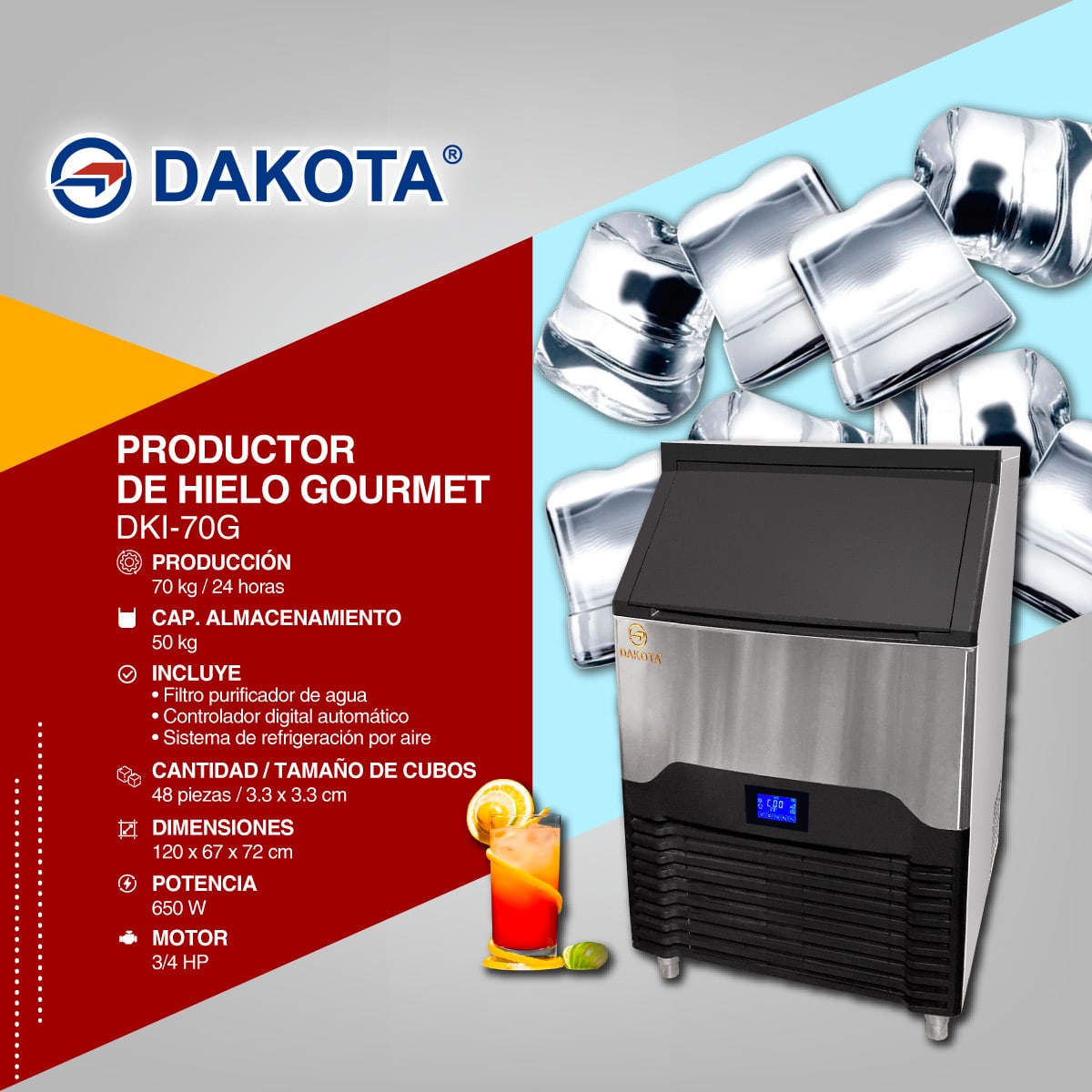 Máquina Productora de Hielo Dakota DKI-70G ficha o flyer tecnico