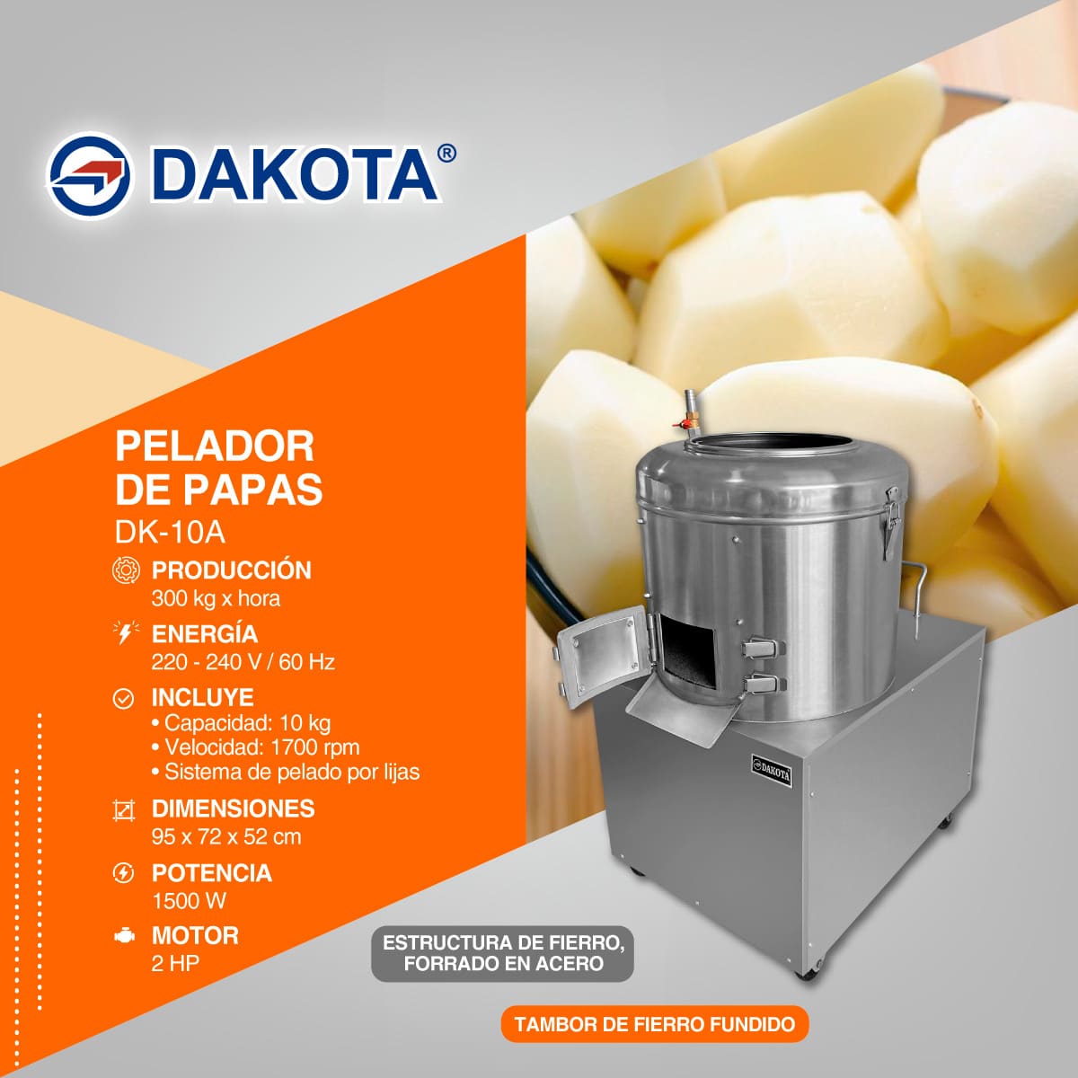 Ficha técnica visual de la peladora de papas Dakota DK-10A